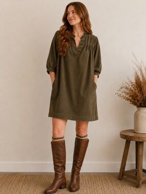 Sugar Candy Mountain 'Sabine' Mini Wale Corduroy Olive Green Smock Dress Pockets